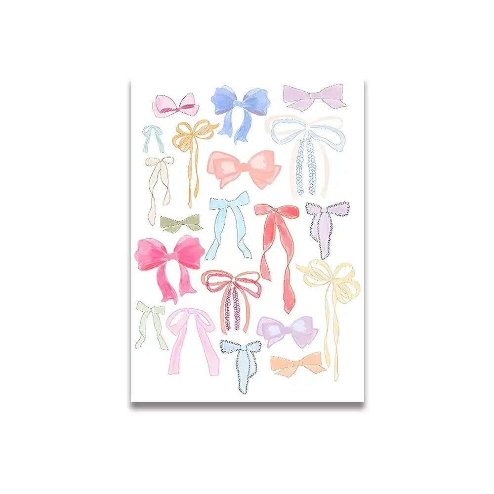A vintage pink cartoon canvas poster by decorbites featuring delicate pastel bows in pink blue and peach for home decor