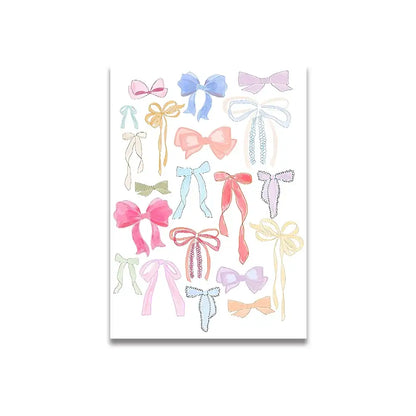 A vintage pink cartoon canvas poster by decorbites featuring delicate pastel bows in pink blue and peach for home decor