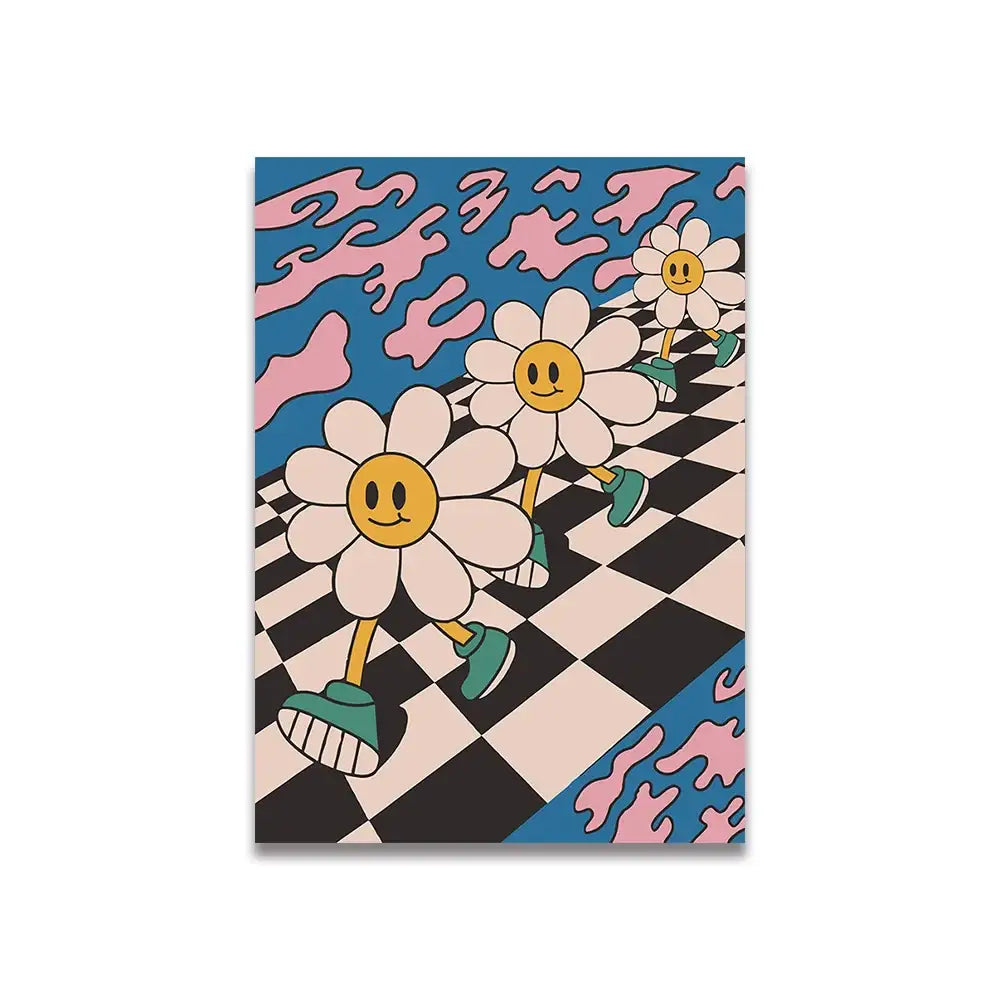 A vintage pink cartoon canvas poster by decorbites featuring three smiling daisies on a checkered floor background