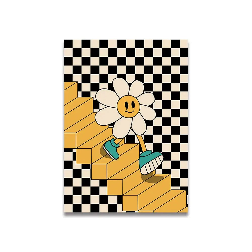 A vintage pink cartoon canvas poster featuring a cheerful daisy with white petals walking gold stairs for home decor