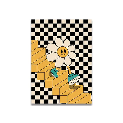 A vintage pink cartoon canvas poster featuring a cheerful daisy with white petals walking gold stairs for home decor