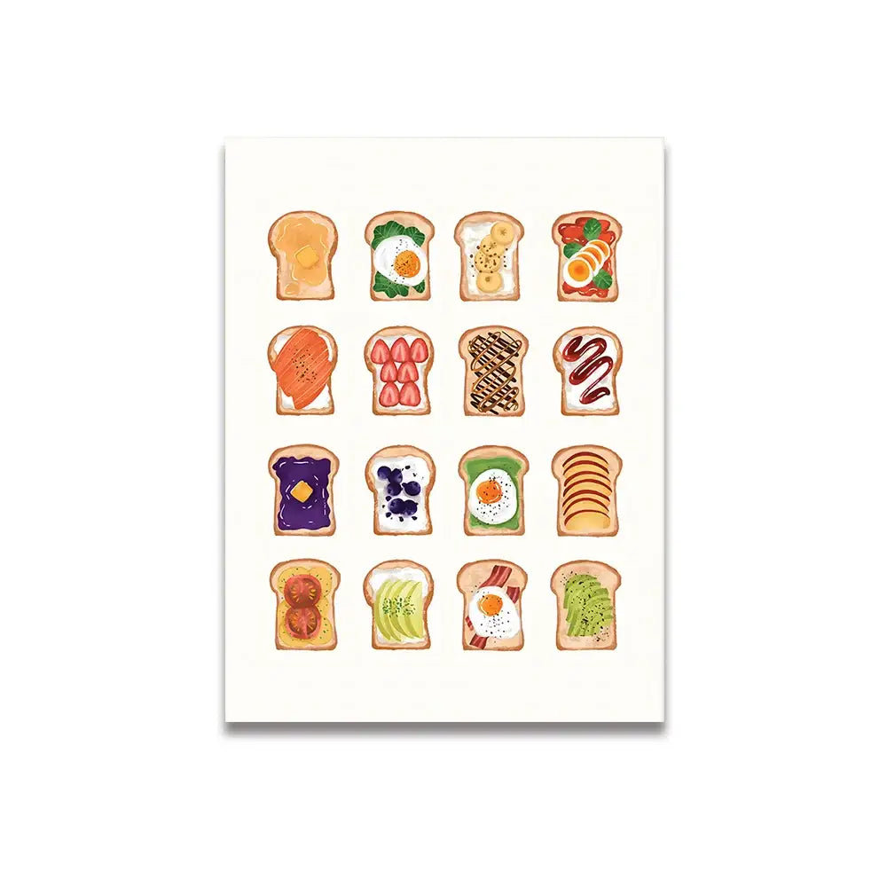 Decorbites™ vintage pink cartoon canvas poster featuring sixteen colorful toast illustrations on a white background