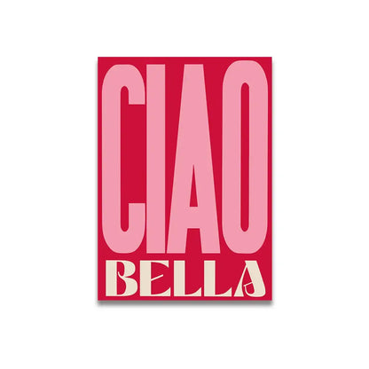 A vibrant red rectangular decorbites vintage pink cartoon canvas poster with gradient pink ciao and cream bella text in modern font