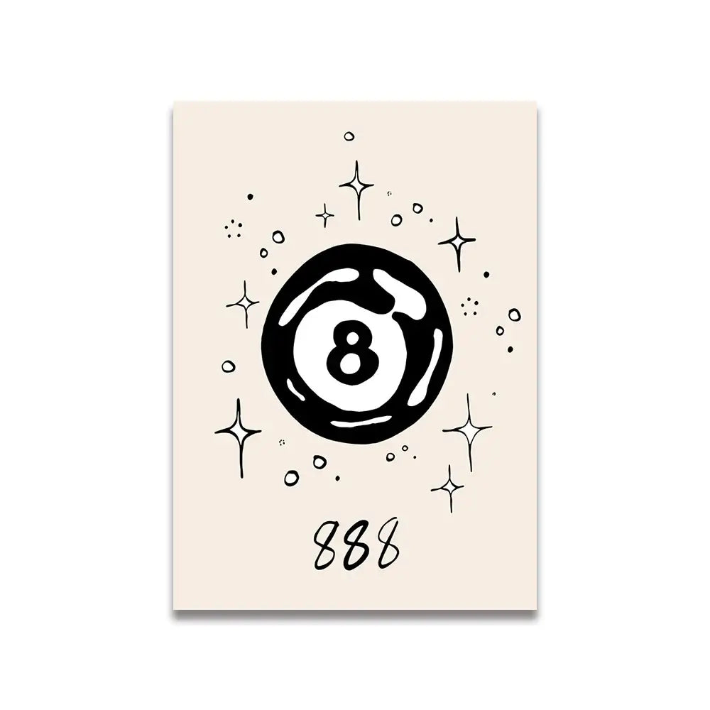 Beige canvas art with bold black eight-ball illustration and number 888 in vintage pink cartoon style for home decor