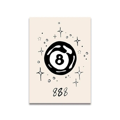 Beige canvas art with bold black eight-ball illustration and number 888 in vintage pink cartoon style for home decor
