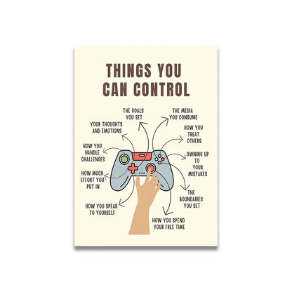 Beige vintage pink cartoon canvas poster by decorbites featuring a stylized gray and red gaming controller with arrows