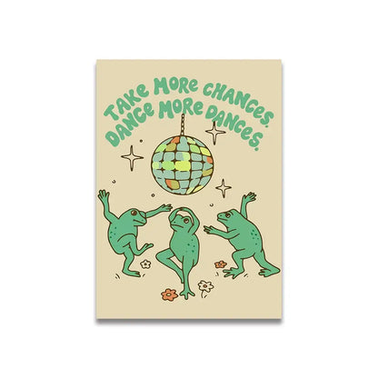 Beige rectangular vintage pink cartoon canvas poster with dancing green frogs and motivational text for home decor