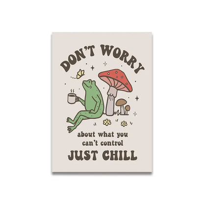 Beige rectangular canvas print vintage pink cartoon featuring a green frog and mushrooms with motivational text for home decor
