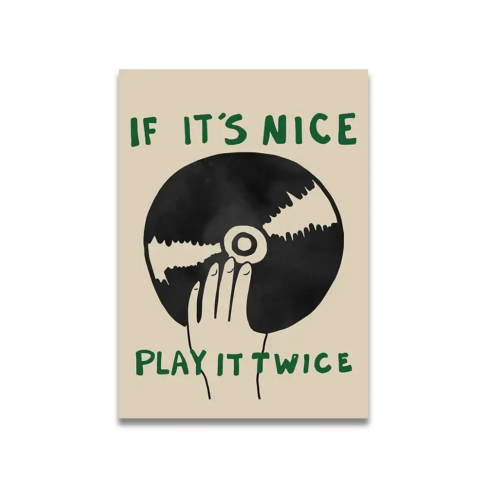 Beige rectangular vintage pink cartoon canvas poster featuring a stylized vinyl record with green text for home decor