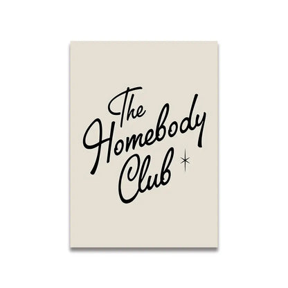 Beige rectangular canvas with black cursive script the homebody club and star accent from vintage pink cartoon DecorBites poster