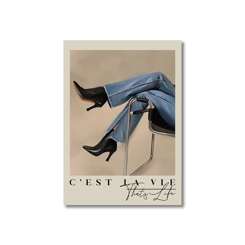 Black leather high-heeled ankle boots paired with light blue denim jeans complement vintage pink cartoon canvas posters
