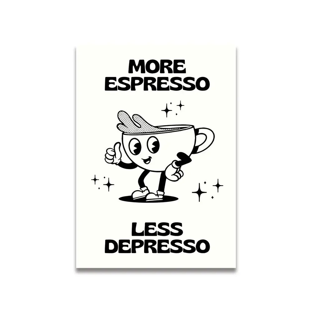 Decorbites™ vintage pink cartoon canvas poster featuring a black-and-white espresso cup character with thumbs-up gesture