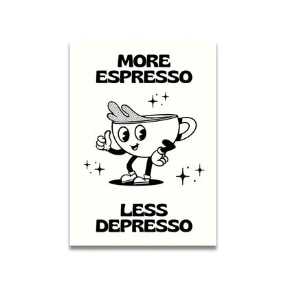 Decorbites™ vintage pink cartoon canvas poster featuring a black-and-white espresso cup character with thumbs-up gesture