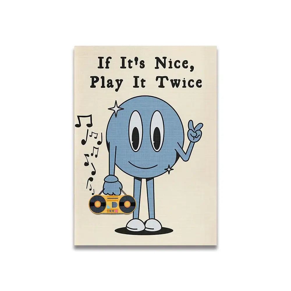Decorbites™ vintage pink cartoon canvas poster featuring blue cartoon character with yellow boombox on beige background
