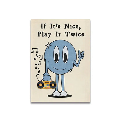 Decorbites™ vintage pink cartoon canvas poster featuring blue cartoon character with yellow boombox on beige background