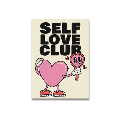 Pink cartoon heart character with arms legs red sneakers holding mirror on vintage pink cartoon canvas poster for home decor