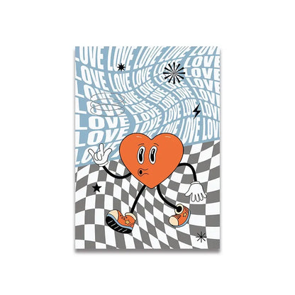 Decorbites vintage pink cartoon canvas poster featuring an orange heart character with sneakers on checkered background