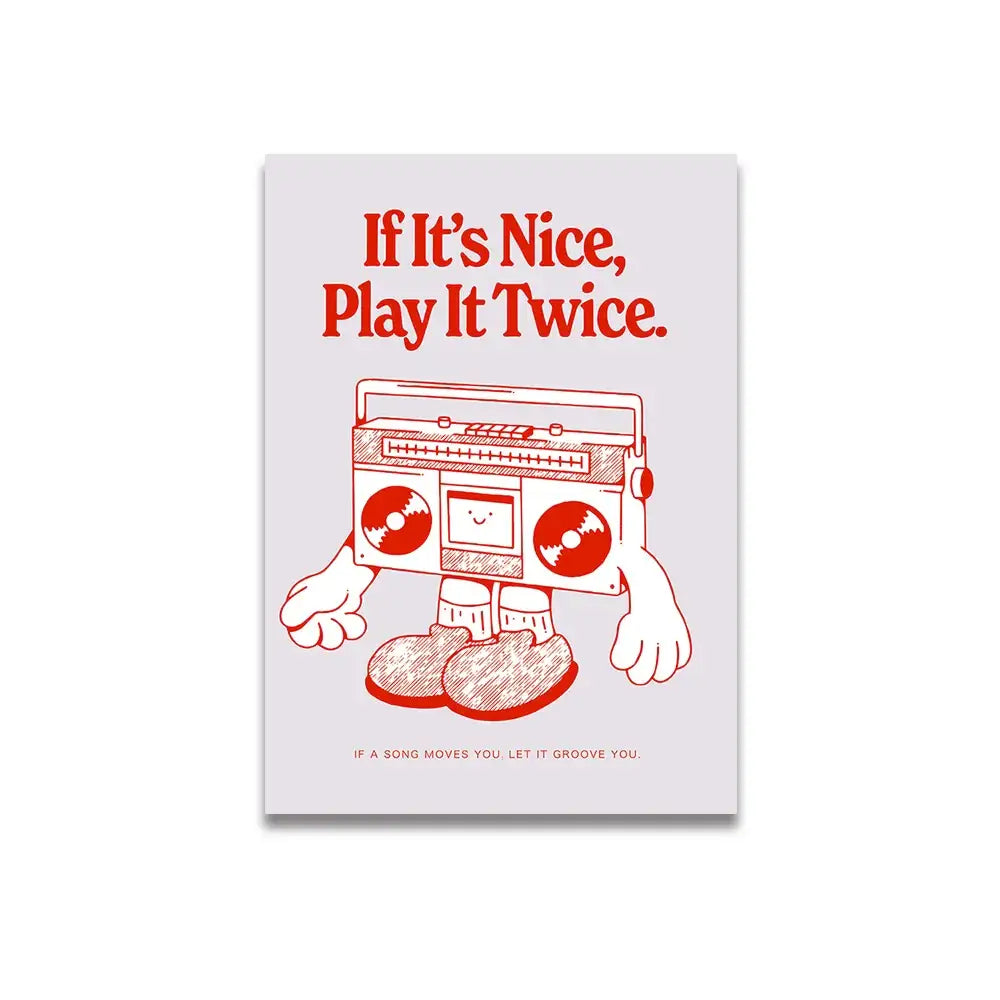 A vintage pink cartoon canvas poster by decorbites featuring a red and white illustrated boombox with a smiling face