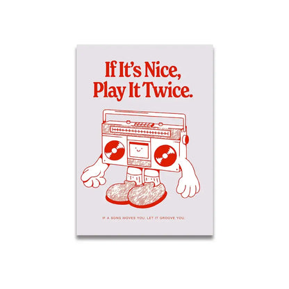 A vintage pink cartoon canvas poster by decorbites featuring a red and white illustrated boombox with a smiling face