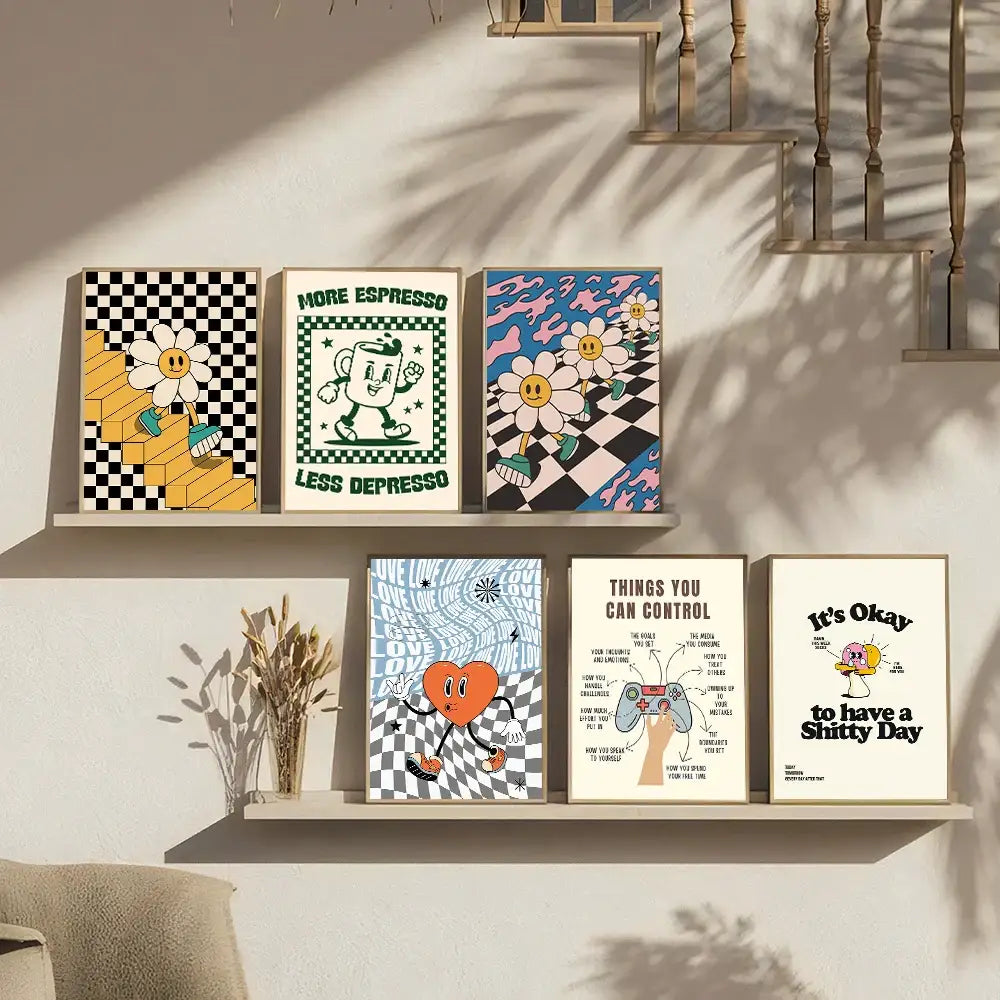 Set of six vintage pink cartoon framed canvas posters with playful designs and motivational phrases on floating shelves