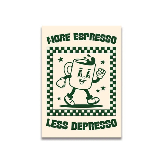 Decorbites™ vintage pink cartoon print canvas poster featuring a cheerful green ink espresso cup on cream background