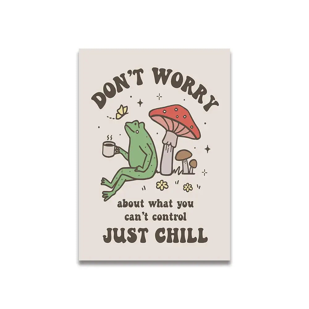 Beige rectangular canvas wall art featuring a green frog and mushrooms with dark brown text by DecorBites™ vintage pink cartoon print