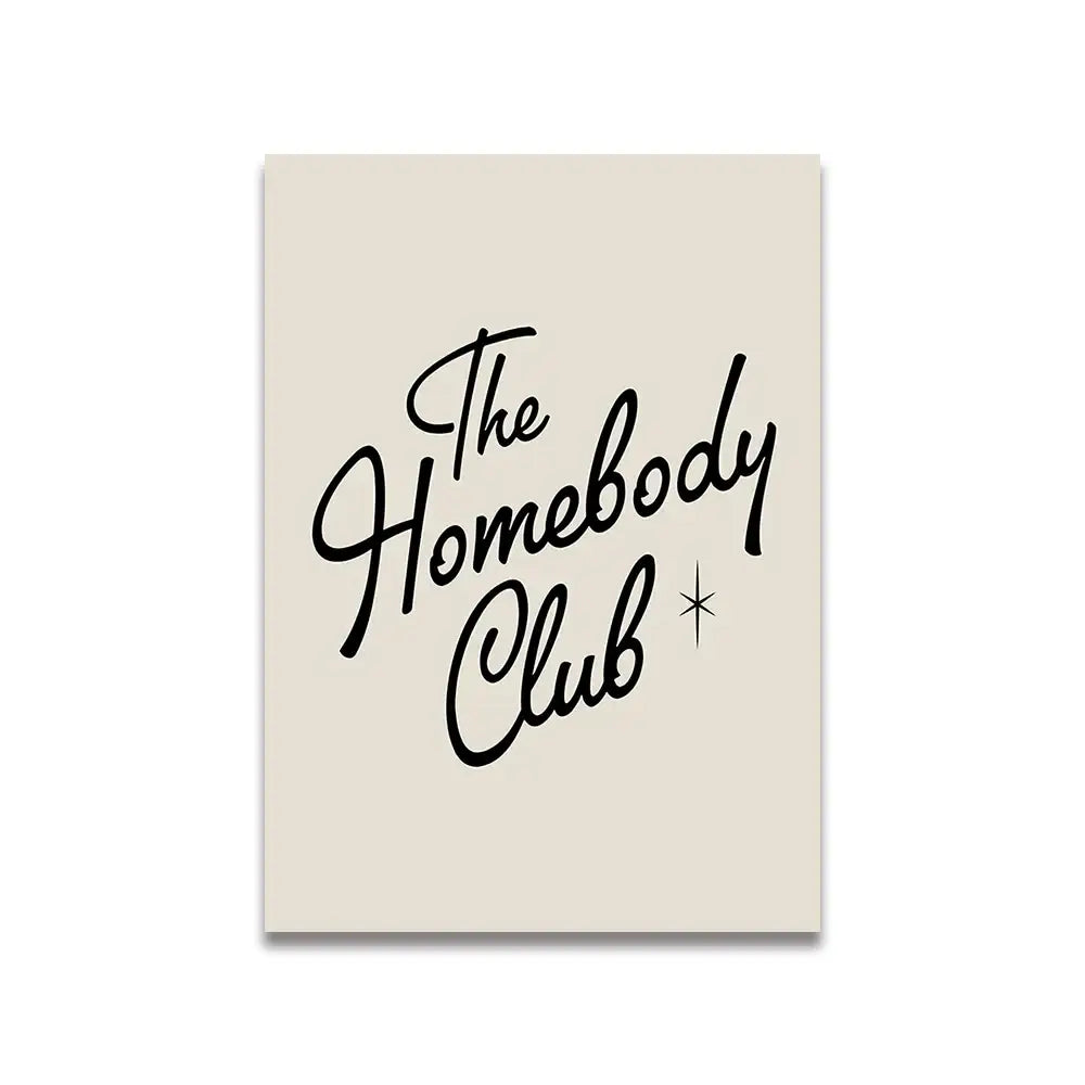 Beige rectangular canvas wall art with black cursive script the homebody club and small star accent for pink cartoon print decor