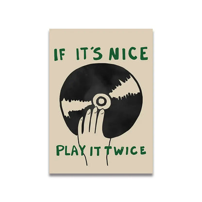 Beige rectangular canvas wall art by decorbites featuring a black vinyl record and pink cartoon print text design