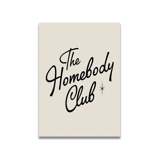 Beige rectangular canvas wall art with black cursive script the homebody club and small star accent by decorbites vintage pink cartoon print