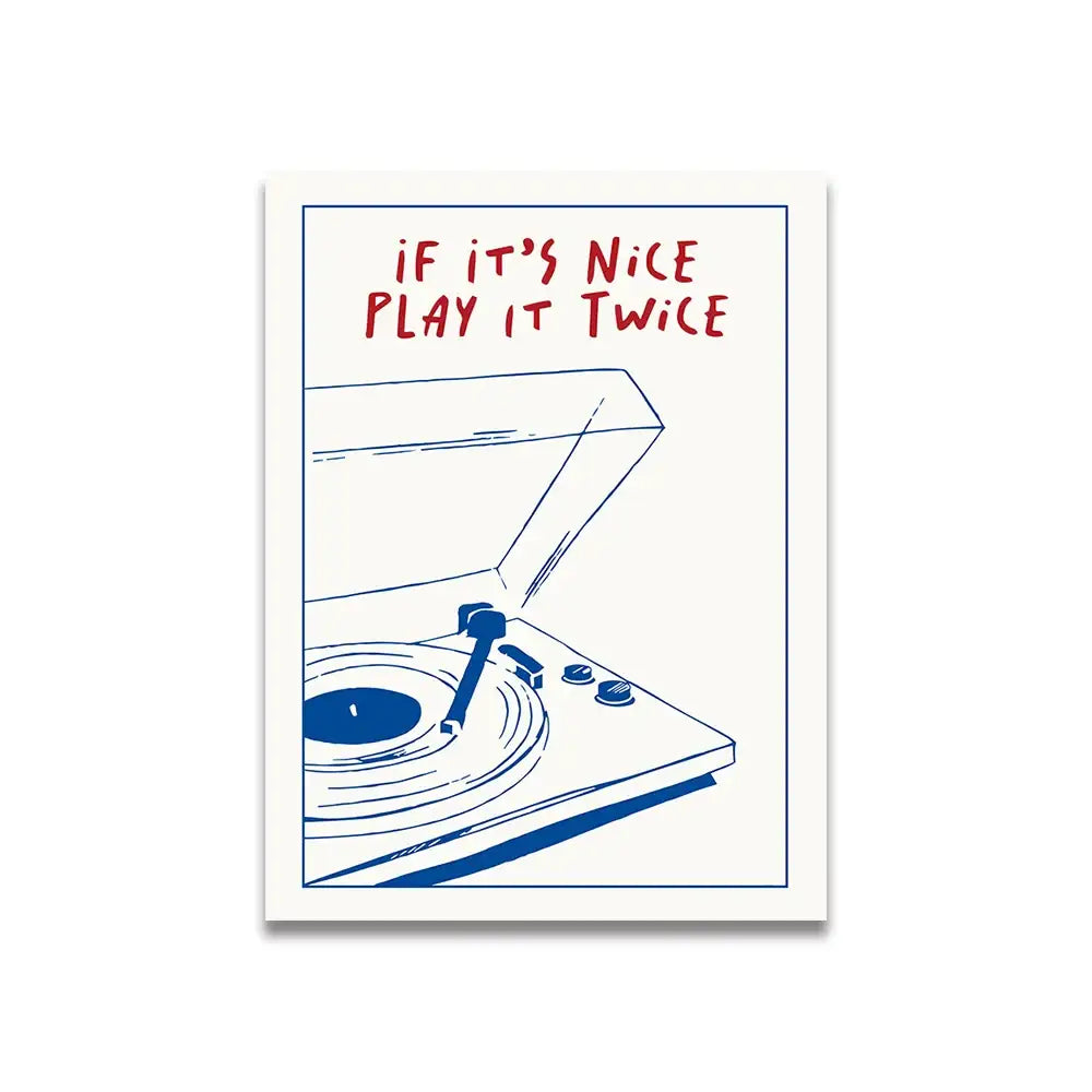 DecorBites™ vintage pink cartoon print canvas wall art featuring blue record player line-art and red text design