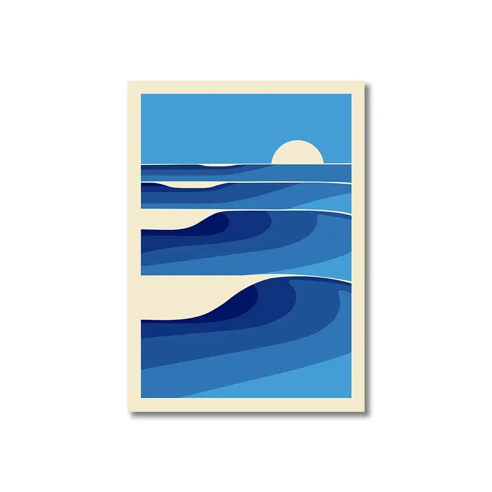 Decorbites™ vintage pink cartoon print canvas wall art featuring blue ocean wave with cream border and stylized sun