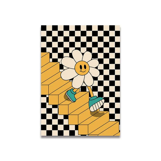 DecorBites™ vintage pink cartoon print canvas wall art featuring a cheerful daisy walking up golden stairs