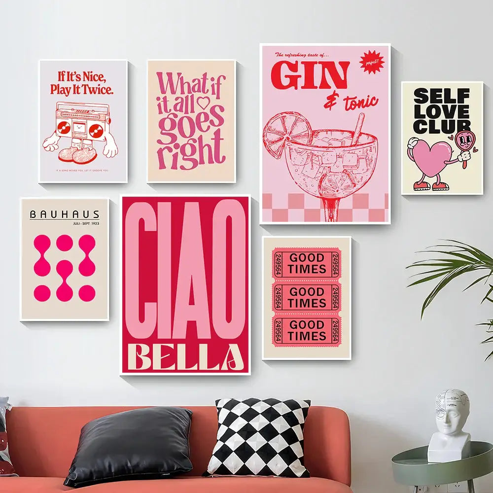 DecorBites™ vintage pink cartoon print canvas wall art featuring six framed posters with bold typography and retro graphics