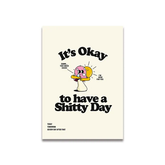 Cream-colored cream-colored motivational poster featuring a pink cartoon print mushroom holding a sun with black text in canvas wall art