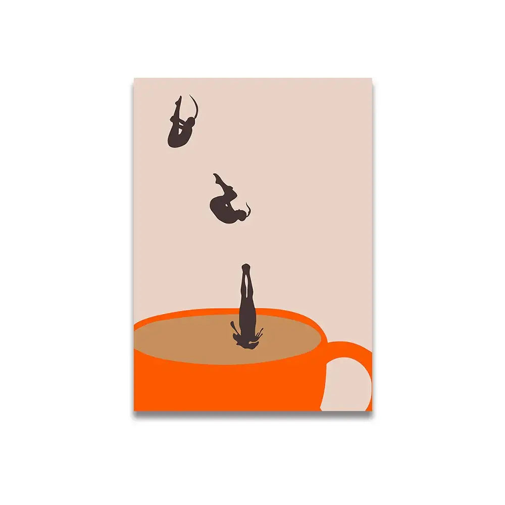 Decorbites™ vintage pink cartoon print canvas wall art featuring an orange coffee cup with black diving silhouettes