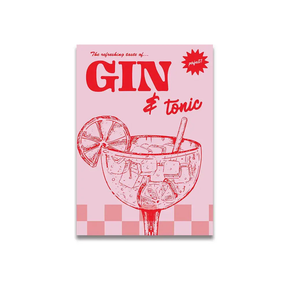 Decorbites™ vintage pink cartoon print canvas wall art featuring a red line-art gin and tonic in a margarita glass
