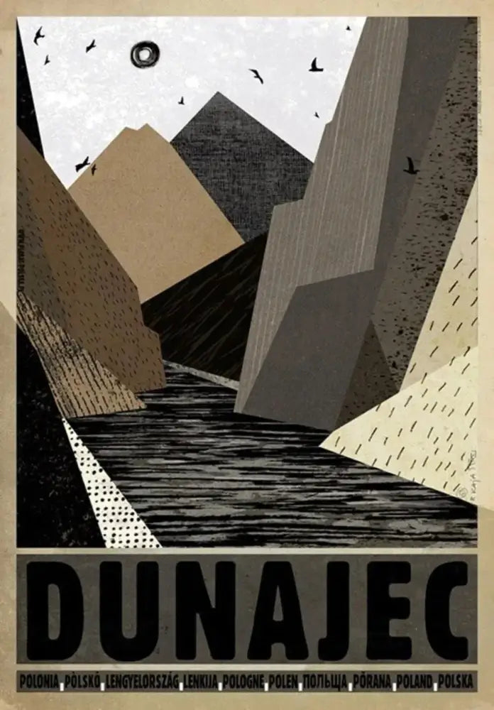 Abstract geometric mountain landscape canvas print with bold dunajec text and stylized sun vintage poland city decor