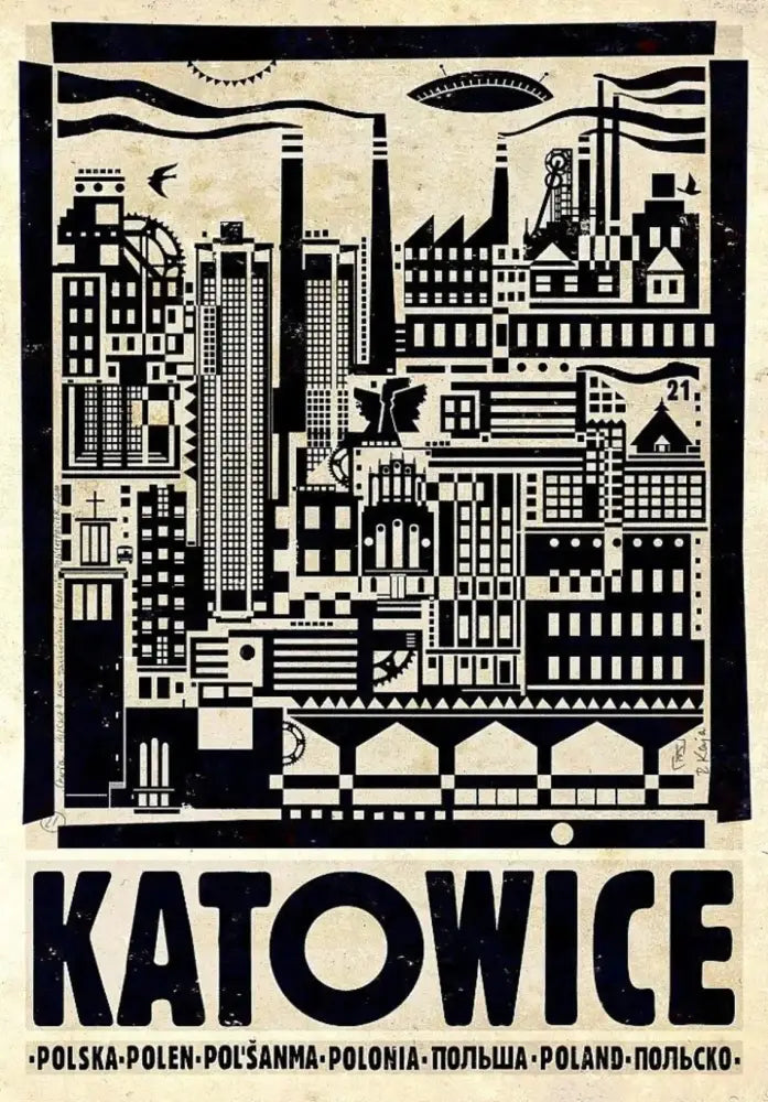 Black and white stylized vintage poland city canvas print featuring katowice bold lettering for home decor by decorbites