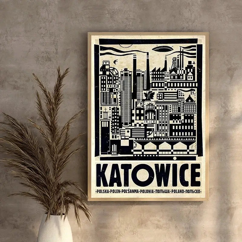 A framed black and white illustrated poster of katowice poland vintage poland city canvas print for home decor