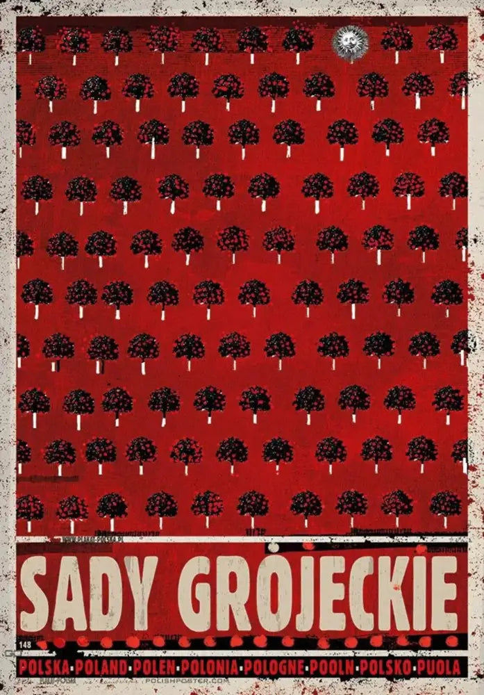 Red vintage poland city canvas print with black stylized trees and cream sady grojeckie text for home decor