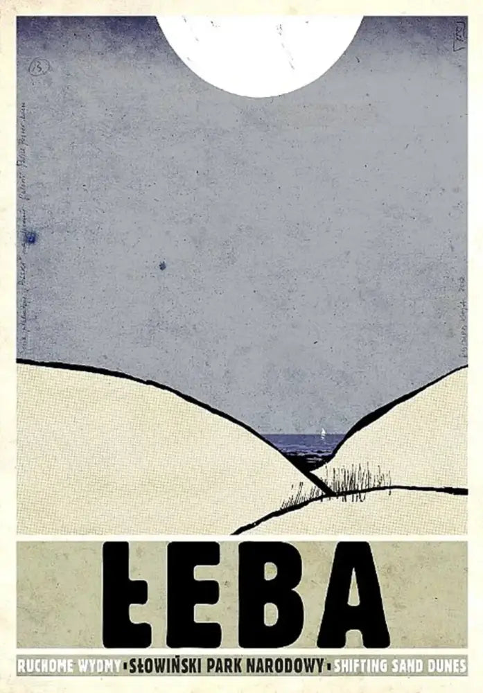 Vintage poland city canvas print featuring minimalist sand dunes and moon illustration with bold łeba text for home decor