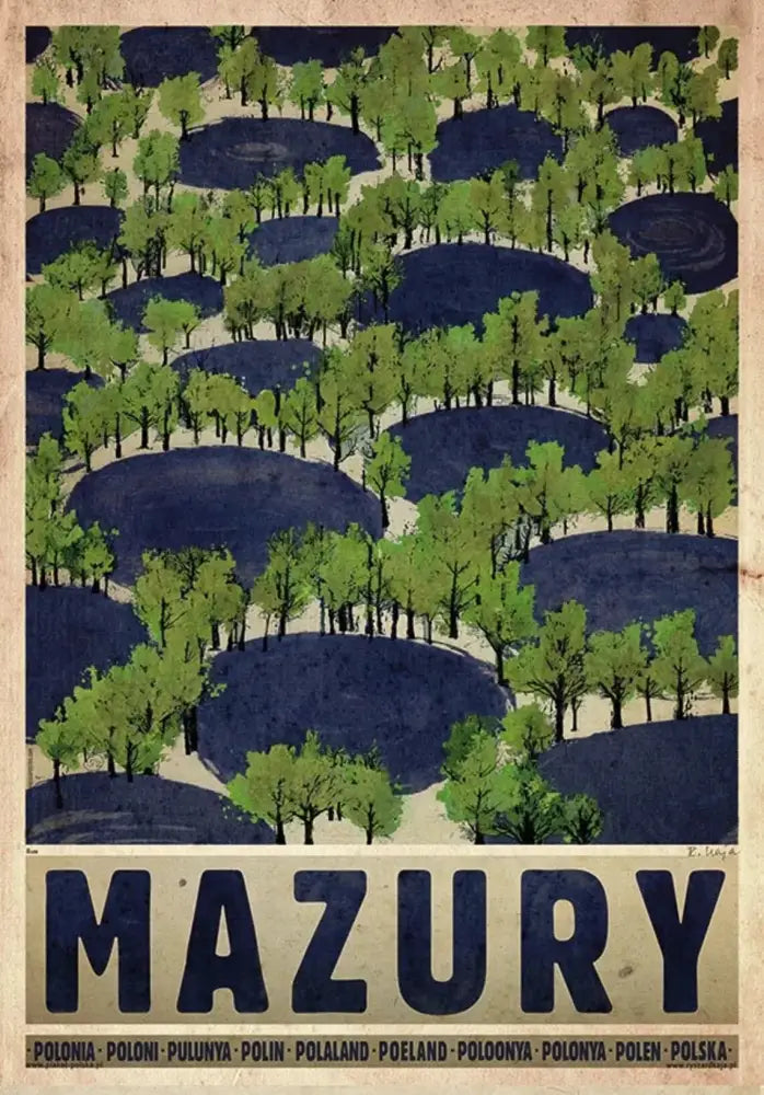 Vintage poland city canvas print featuring stylized green trees on dark blue hills with mazury lettering for home decor