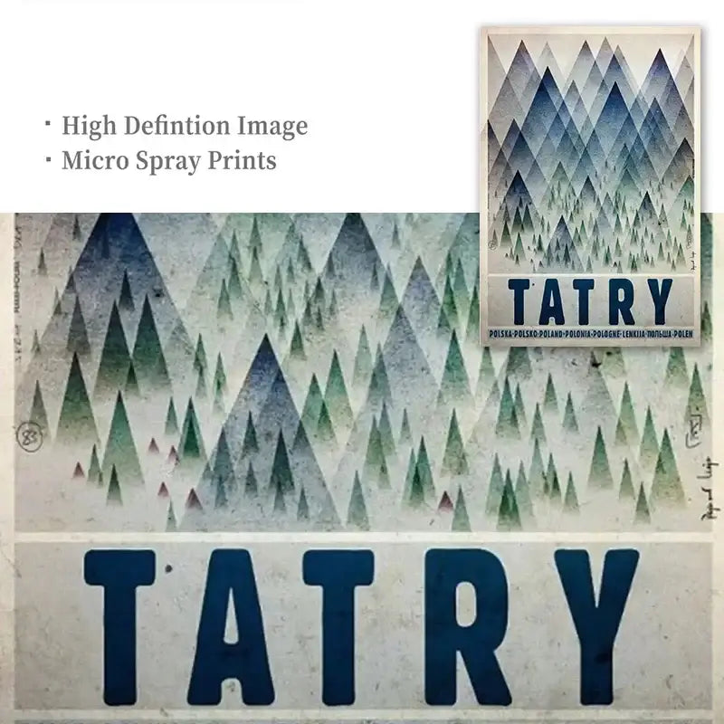 Vintage poland city canvas print featuring a stylized blue and green mountain range with bold navy tatry lettering