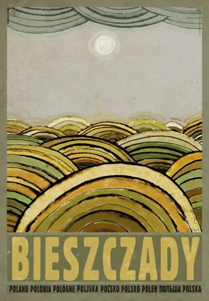 Vintage poland city canvas print featuring bieszczady rolling hills in earthy greens and yellows for home decor