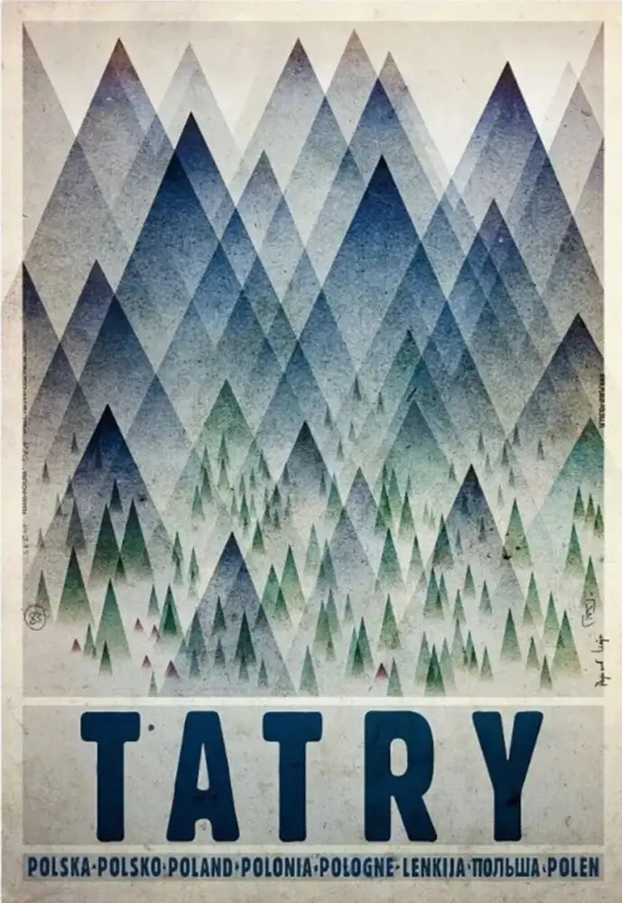 Vintage poland city canvas print featuring stylized blue and green mountain peaks with tatry text for home decor