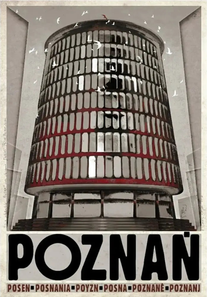 Decorbites™ vintage poland city canvas print features a stylized cylindrical building with red bands for home decor
