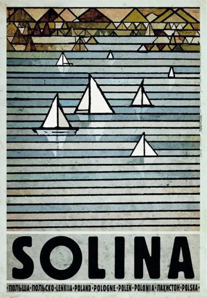 Stylized vintage poland city canvas print with geometric mountains and sailboats in muted blues and browns for home decor