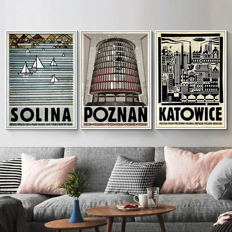 Three framed vintage poland city canvas prints featuring solina poznan and katowice with bold retro typography