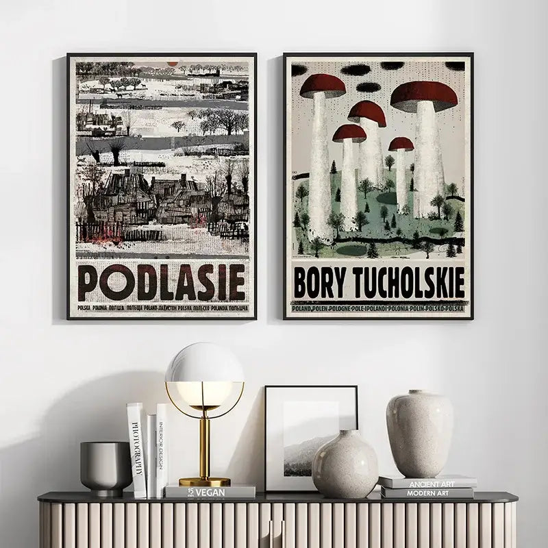 Two framed vintage poland city canvas prints featuring podlasie rural and bory tucholskie mushroom designs for home decor