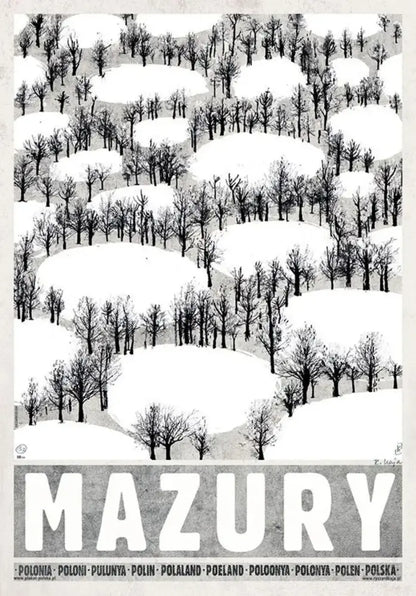 Black and white illustrated canvas print featuring snow covered hills and trees with mazury for vintage poland city posters
